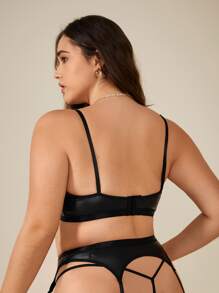 Plus 5pcs Contrast Lace Harness Garter Lingerie Set - Black - View 2