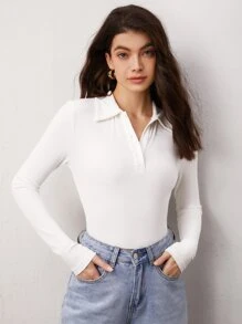 SHEIN BASICS Solid Polo Neck Long Sleeves Tee