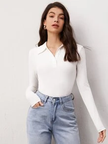 SHEIN BASICS Solid Polo Neck Long Sleeves Tee