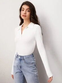 SHEIN BASICS Solid Polo Neck Long Sleeves Tee