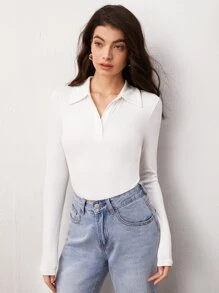 SHEIN BASICS Solid Polo Neck Long Sleeves Tee