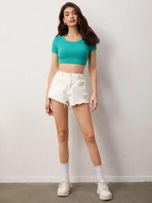 SHEIN BASICS Solid Crop Tee For Summer - Cadet Blue - View 4