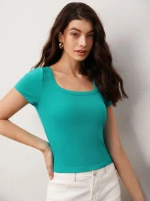 SHEIN BASICS Solid Short Sleeves Scoop Neck Tee For Summer - Cadet Blue - View 3