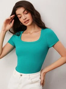 SHEIN BASICS Solid Short Sleeves Scoop Neck Tee For Summer - Cadet Blue - View 6