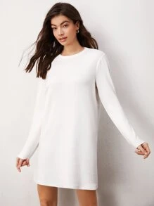 SHEIN BASICS Solid Round Neck Tee Dress - White - View 3
