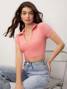SHEIN BASICS V-collar Solid Crop Tee - Pink - View 1