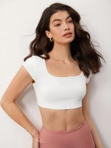 SHEIN BASICS Scoop Neck Cap Sleeve Crop Tee - White - View 4