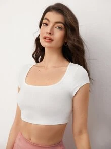 SHEIN BASICS Scoop Neck Cap Sleeve Crop Tee - White - View 6