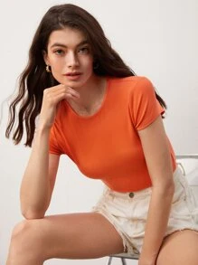 SHEIN BASICS Cap Sleeve Solid Round Neck Tee - Orange - View 3
