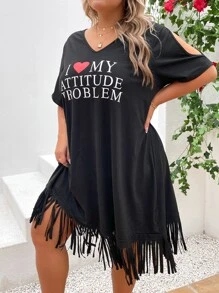 SHEIN LUNE Plus Heart & Slogan Graphic Fringe Hem Dress - Black - View 1