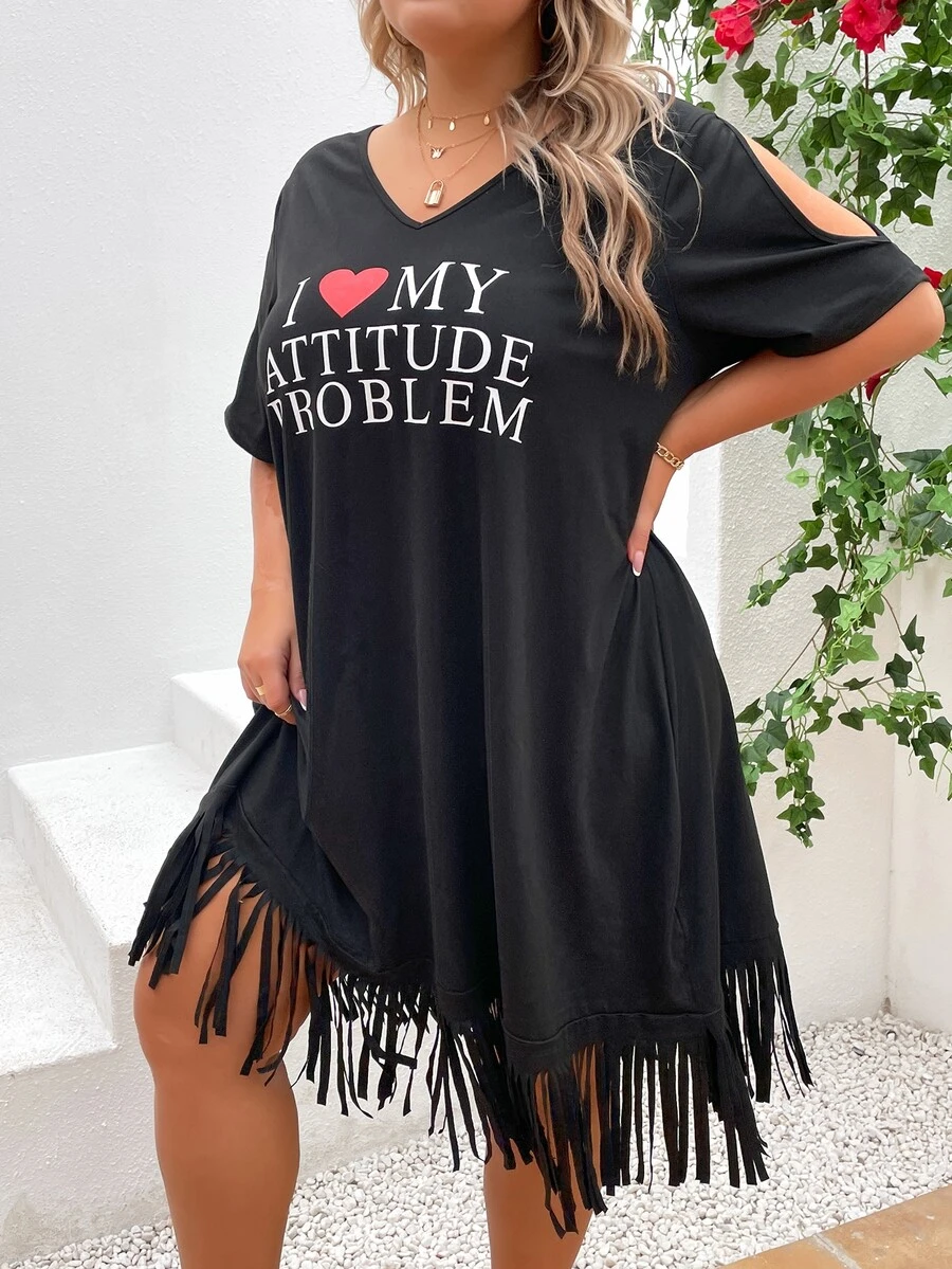SHEIN LUNE Plus Heart & Slogan Graphic Fringe Hem Dress - Black - View 1
