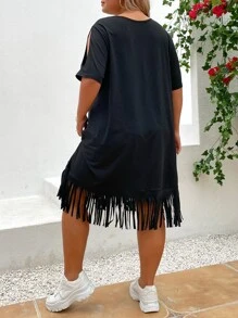 SHEIN LUNE Plus Heart & Slogan Graphic Fringe Hem Dress - Black - View 2