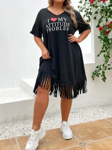 SHEIN LUNE Plus Heart & Slogan Graphic Fringe Hem Dress - Black - View 3
