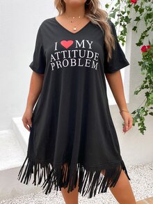 SHEIN LUNE Plus Heart & Slogan Graphic Fringe Hem Dress - Black - View 5
