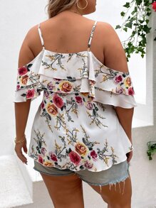 SHEIN Clasi Plus Floral Print Cold Shoulder Ruffle Trim Blouse - White - View 3
