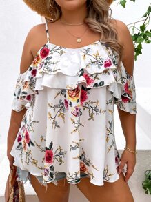 SHEIN Clasi Plus Floral Print Cold Shoulder Ruffle Trim Blouse - White - View 6