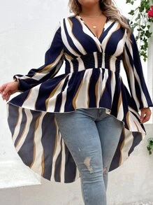 SHEIN Clasi Plus Striped Print Lantern Sleeve Peplum Blouse - Multicolor - View 3