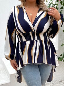 SHEIN Clasi Plus Striped Print Lantern Sleeve Peplum Blouse - Multicolor - View 4