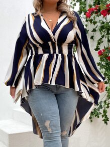 SHEIN Clasi Plus Striped Print Lantern Sleeve Peplum Blouse - Multicolor - View 6