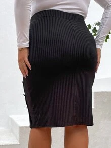 Celure Plus Fake Button Pencil Skirt - Black - View 2