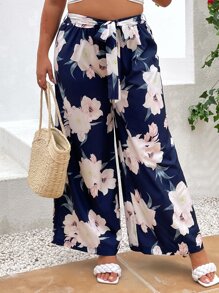 SHEIN LUNE Plus Floral Print Belted Wide Leg Trousers - Multicolor - View 2
