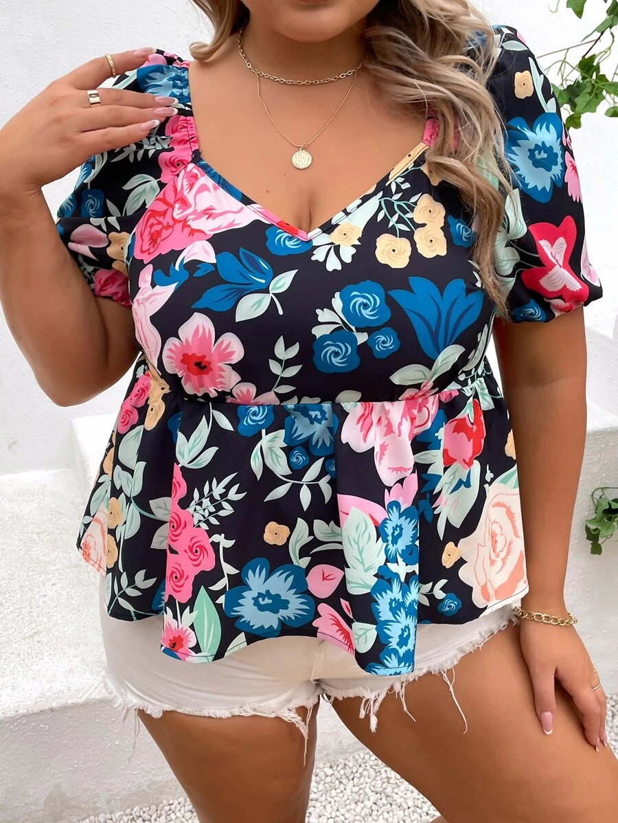 SHEIN LUNE Blusa con estampado floral de manga farol bajo con fruncido - Multicolor - Ver 1