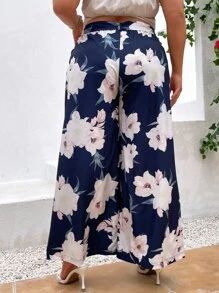SHEIN LUNE Plus Floral Print Belted Wide Leg Trousers - Multicolor - View 3