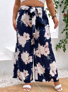 SHEIN LUNE Plus Floral Print Belted Wide Leg Trousers - Multicolor - View 4