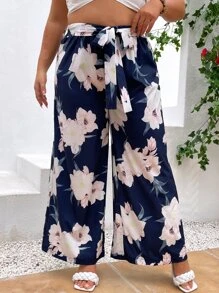 SHEIN LUNE Plus Floral Print Belted Wide Leg Trousers - Multicolor - View 6
