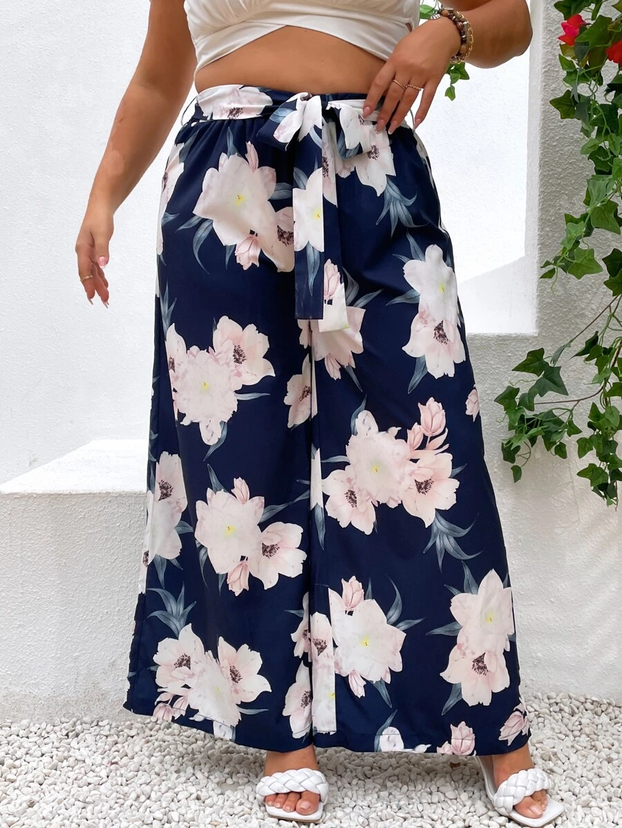 SHEIN LUNE Plus Floral Print Belted Wide Leg Trousers - Multicolor - View 1