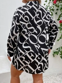 SHEIN LUNE Plus Letter Graphic Drop Shoulder Shirt - Black and White - View 3