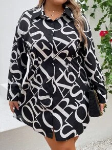 SHEIN LUNE Plus Letter Graphic Drop Shoulder Shirt - Black and White - View 4