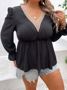 SHEIN LUNE 大碼水溶蕾絲拼接荷葉袖荷葉邊下擺襯衫 - 黑色 - 查看 3