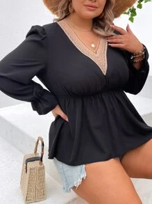 SHEIN LUNE 大碼水溶蕾絲拼接荷葉袖荷葉邊下擺襯衫 - 黑色 - 查看 7