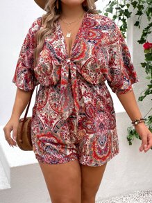 SHEIN Holidaya Plus Paisley Print Knot Front Romper - Multicolor - View 3