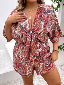 SHEIN Holidaya Plus Paisley Print Knot Front Romper - Multicolor - View 6