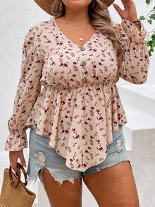SHEIN LUNE Plus Ditsy Floral Print Flounce Sleeve Peplum Blouse - Apricot - View 2