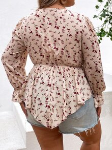 SHEIN LUNE Plus Ditsy Floral Print Flounce Sleeve Peplum Blouse - Apricot - View 3