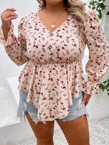 SHEIN LUNE Plus Ditsy Floral Print Flounce Sleeve Peplum Blouse - Apricot - View 4