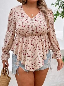 SHEIN LUNE Plus Ditsy Floral Print Flounce Sleeve Peplum Blouse - Apricot - View 5
