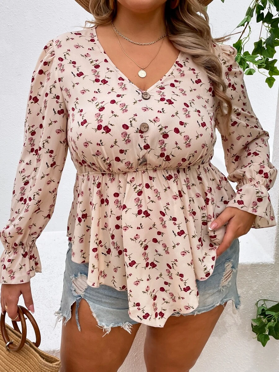 SHEIN LUNE Plus Ditsy Floral Print Flounce Sleeve Peplum Blouse - Apricot - View 1
