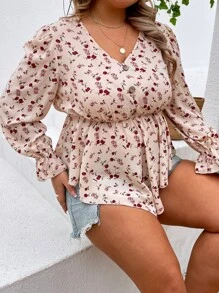 SHEIN LUNE Plus Ditsy Floral Print Flounce Sleeve Peplum Blouse - Apricot - View 7
