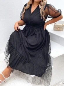 SHEIN LUNE Vestido de manga farol ribete con fruncido de malla - Negro - Ver 1