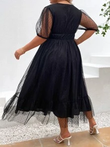 SHEIN LUNE Vestido de manga farol ribete con fruncido de malla - Negro - Ver 2