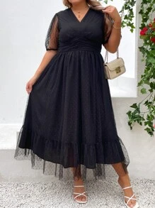 SHEIN LUNE Vestido de manga farol ribete con fruncido de malla - Negro - Ver 3