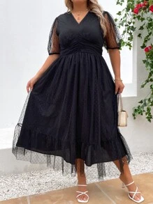 SHEIN LUNE Vestido de manga farol ribete con fruncido de malla - Negro - Ver 5