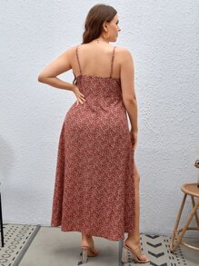 SHEIN VCAY 大碼小碎花高衩吊帶連衣裙 - 紅木色 - 查看 2