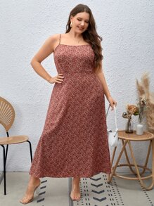 SHEIN VCAY 大碼小碎花高衩吊帶連衣裙 - 紅木色 - 查看 6