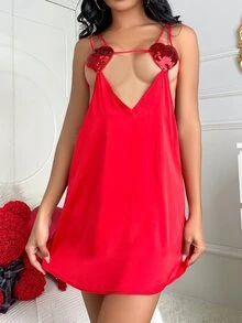 Slips de satén con abertura con lentejuela en contraste - Rojo - Ver 5