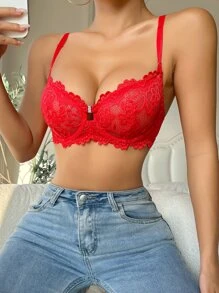 Bra con aros de encaje floral, lencería sexy - Rojo - Ver 4